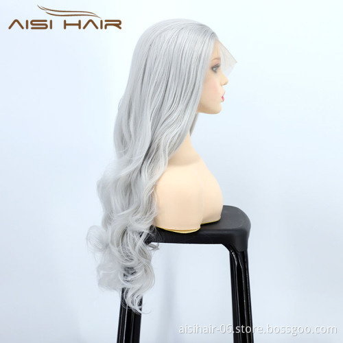 Aisi Hair New Design Vendor Cosplay Curly Long Wavy Body Wave Grey Lace Frontal Synthetic Hair For Black Women Lace Front Wig